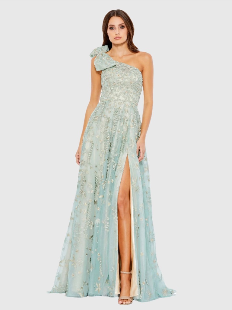 Mac Duggal 11177 Green Embellished Bow One Shoulder A Line Gown Size 10 Nwt